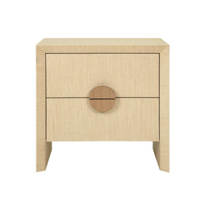 TWO DRAWER SIDE TABLE IN NATURAL GRASSCLOTH WITH CERUSED OAK HANDLES