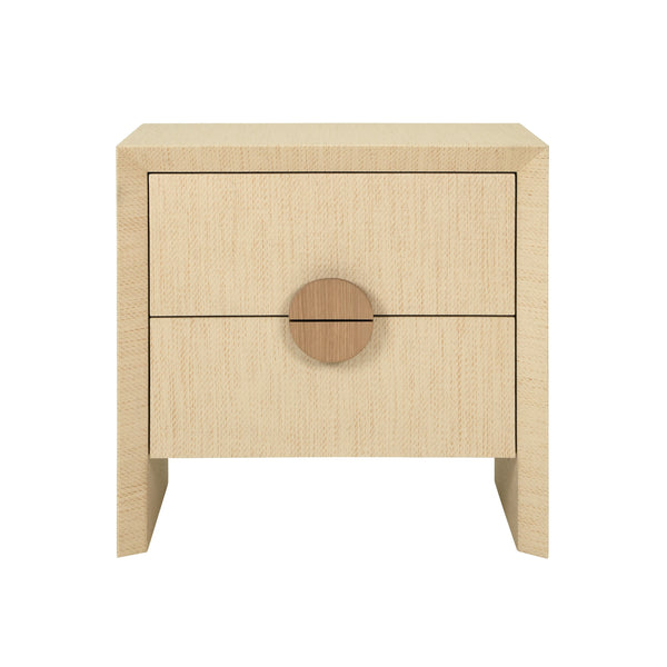 TWO DRAWER SIDE TABLE IN NATURAL GRASSCLOTH WITH CERUSED OAK HANDLES