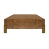 SQUARE CHUNK COFFEE TABLE WITH ANTIQUE BRASS LEG BRACKETS IN DARK BURL WOOD