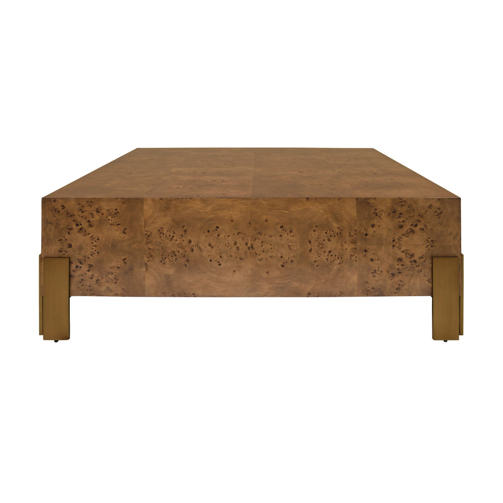 SQUARE CHUNK COFFEE TABLE WITH ANTIQUE BRASS LEG BRACKETS IN DARK BURL WOOD