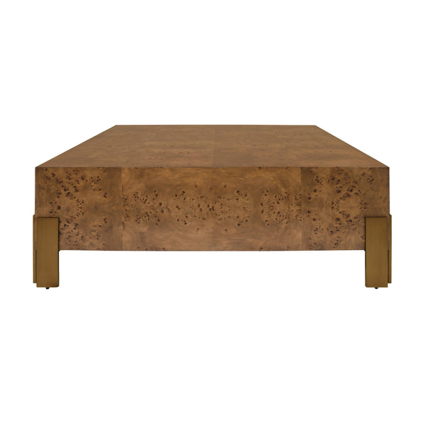 SQUARE CHUNK COFFEE TABLE WITH ANTIQUE BRASS LEG BRACKETS IN DARK BURL WOOD