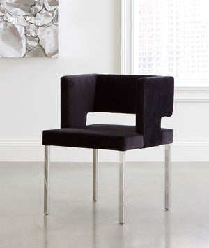 Raffia Dining Chair, Black Velvet, Stainless Steel Legs