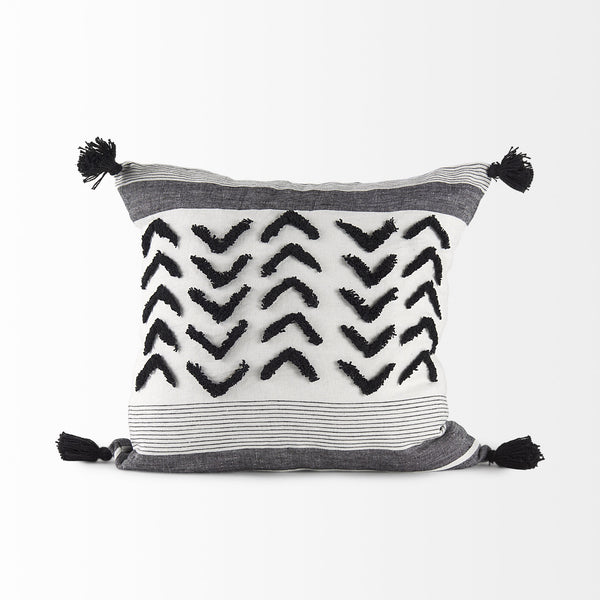 Kimia 20L x 20W White and Black Fabric Herringbone and Fringed Decorative Pillow Cover