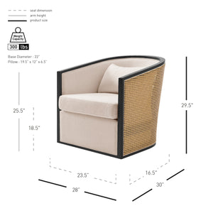 Marilyn Linen Swivel Accent Arm Chair w/ Rattan Black Frame, Shortbread/Natural