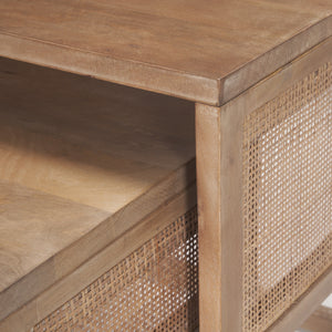 Grier Set of 2 Light Brown Solid Wood w/ Cane Nesting Accent Tables