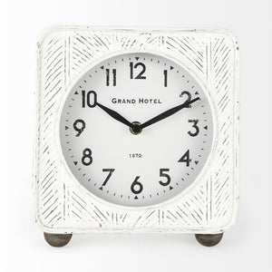 Karl 8.0L x 2.8W x 8.8H Rustic White Iron Rounded Square Table Clock
