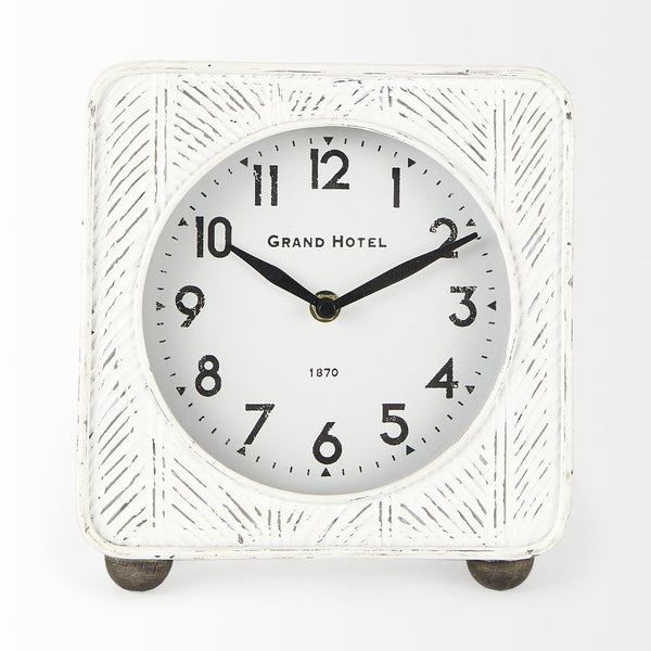Karl 8.0L x 2.8W x 8.8H Rustic White Iron Rounded Square Table Clock