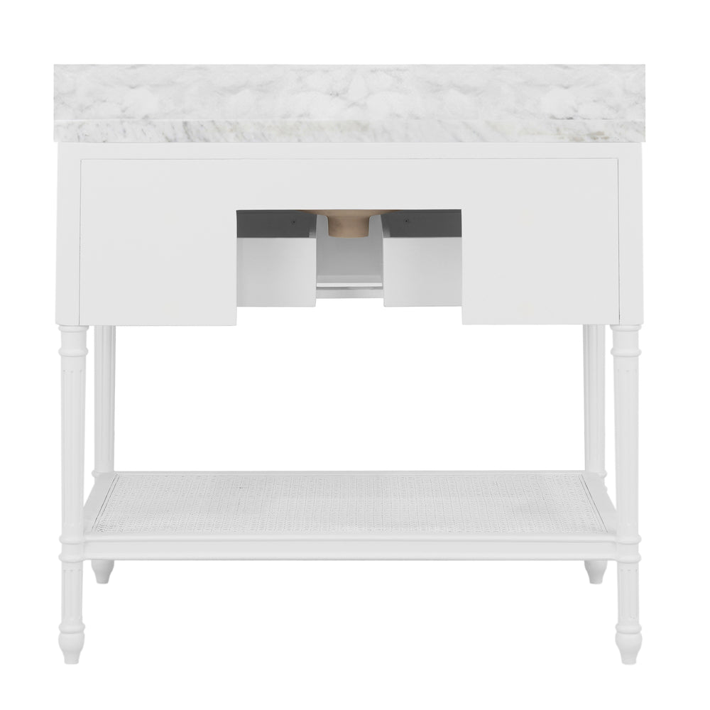 BATH VANITY WITH FLUTED LEG AND OPEN CANE SHELF