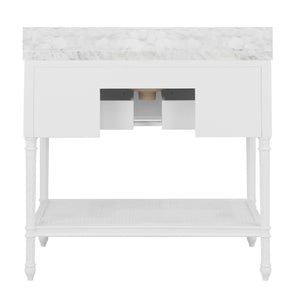 BATH VANITY WITH FLUTED LEG AND OPEN CANE SHELF