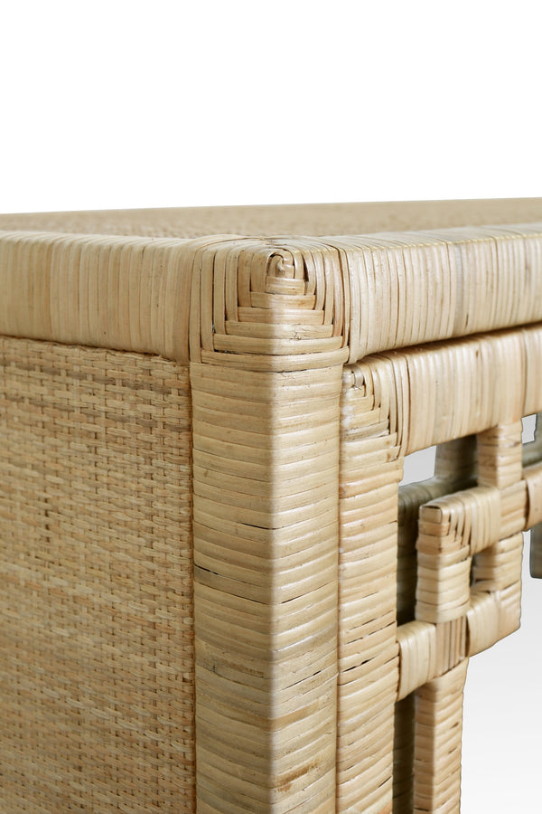 FOUR DOOR BUFFET WITH MIRROR FRONT DOORS AND WRAPPED RATTAN