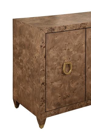 FOUR DOOR BUFFET WITH SATIN BRASS HORSEBIT INSPIRED HARDWARE AND FOOT CAPS IN DARK BURL WOOD