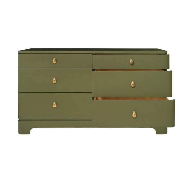 SIX DRAWER ROUNDED EDGE CHEST WITH BRASS BEETLE KNOB IN OLIVE GREEN MATTE LACQUER