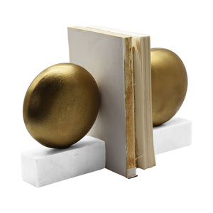 DISK SHAPED TEXTURED BRASS METAL BOOKEND WITH SQUARE WHITE MARBLE BASE