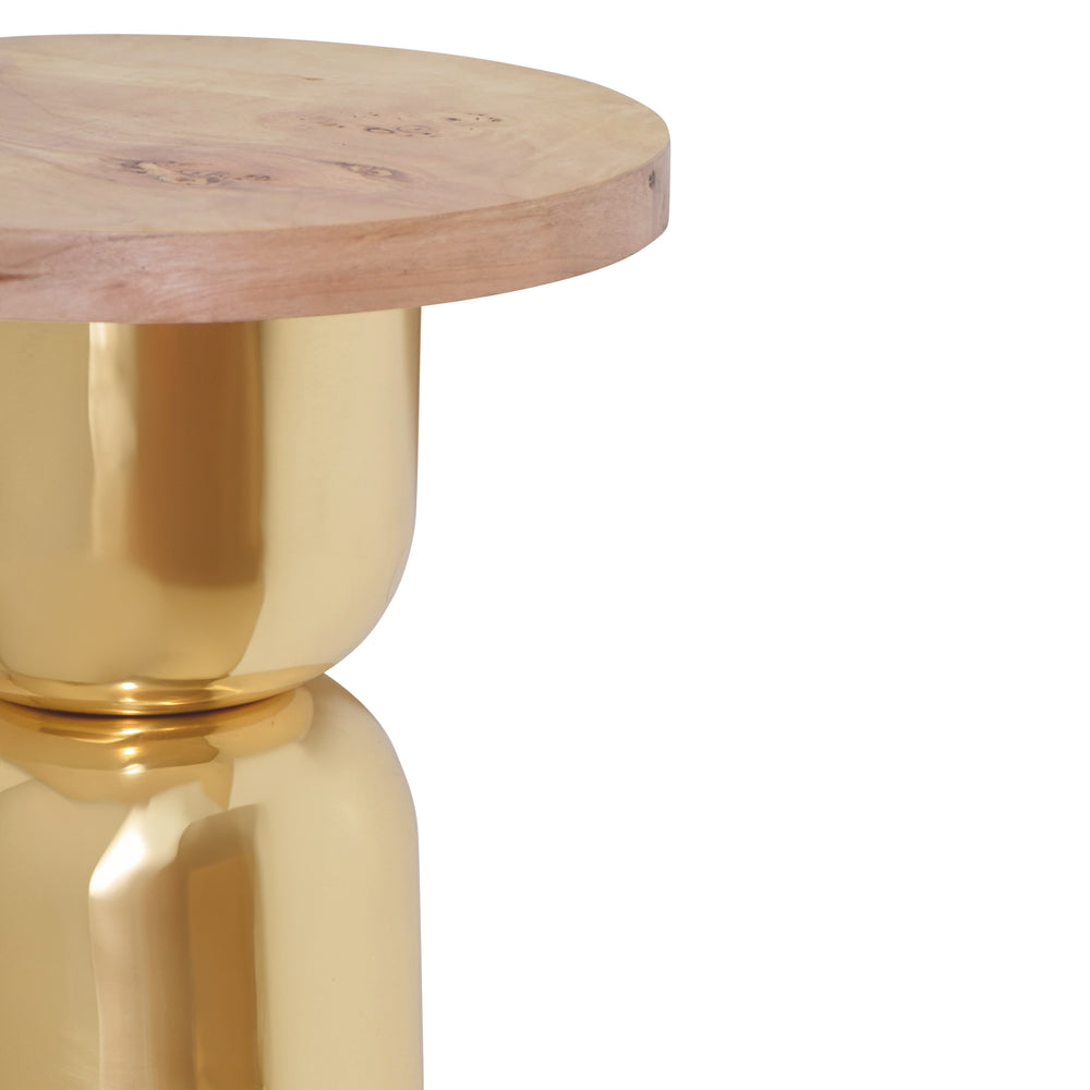 HOURGLASS BRASS BASE SIDE TABLE WITH ROUND BURL WOOD TOP