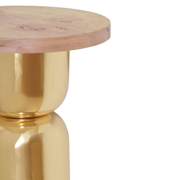 HOURGLASS BRASS BASE SIDE TABLE WITH ROUND BURL WOOD TOP