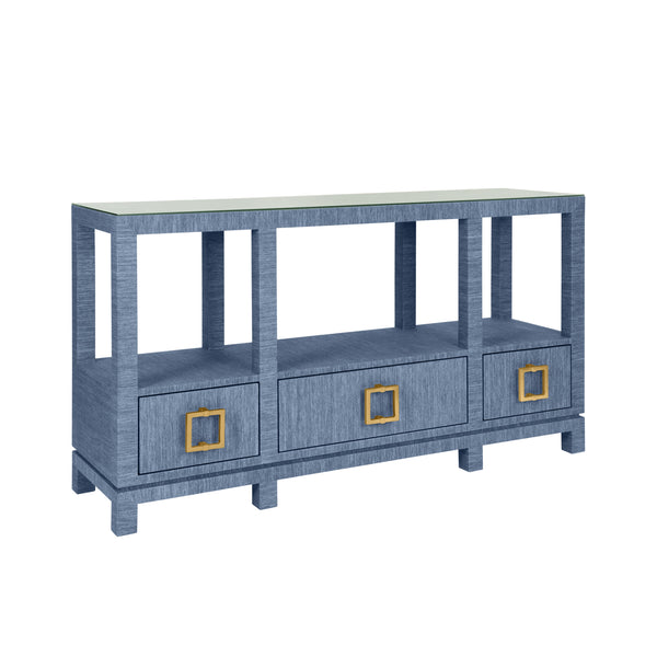 OPEN SHELF CONSOLE WITH THREE BOTTOM DRAWERS AND SQUARE SATIN BRASS HARDWARE IN DYED BLUE GRASSCLOTH