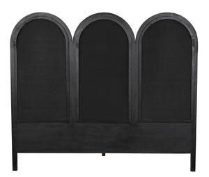 Arch Eastern King Bed in Pale Mahogany with Black Cotton Upholstery and Brass Nailhead Accents