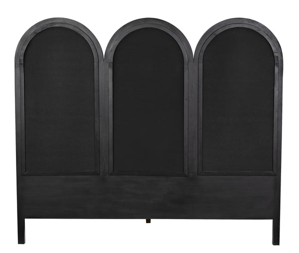 Arch Eastern King Bed in Pale Mahogany with Black Cotton Upholstery and Brass Nailhead Accents