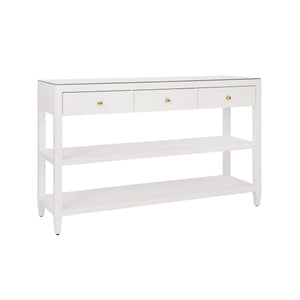 THREE DRAWER CONSOLE WITH TWO OPEN SHELVES IN WHITE TEXTURED LINEN WITH POLISHED BRASS KNOBS