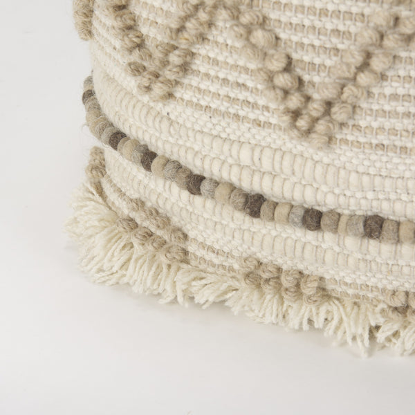 Caela Beige/Brown Wool, Cotton and Felt Popcorn Stitch Square Pouf