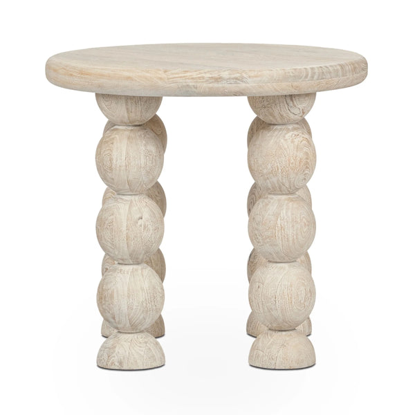 Adir Solid Wood Round End Table with Sphere Legs - White Washed Cream