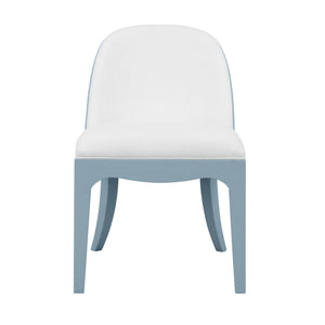 CURVED DINING CHAIR WITH SATIN BRASS RING HARDWARE ON BACK IN PERFORMANCE WHITE LINEN UPHOLSTERY AND TEXTURED LIGHT BLUE LINEN FRAME