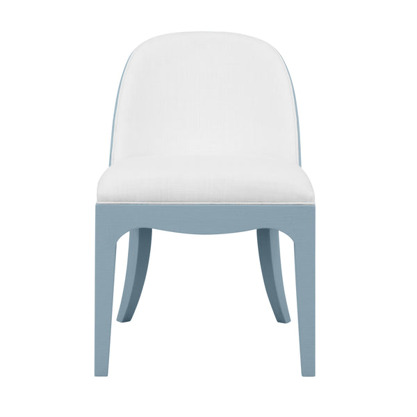 CURVED DINING CHAIR WITH SATIN BRASS RING HARDWARE ON BACK IN PERFORMANCE WHITE LINEN UPHOLSTERY AND TEXTURED LIGHT BLUE LINEN FRAME