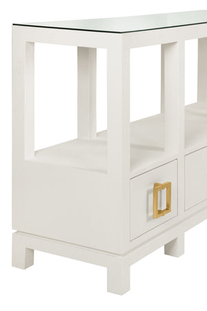OPEN SHELF CONSOLE WITH THREE BOTTOM DRAWERS AND SQUARE SATIN BRASS HARDWARE IN WHITE TEXTURED LINEN