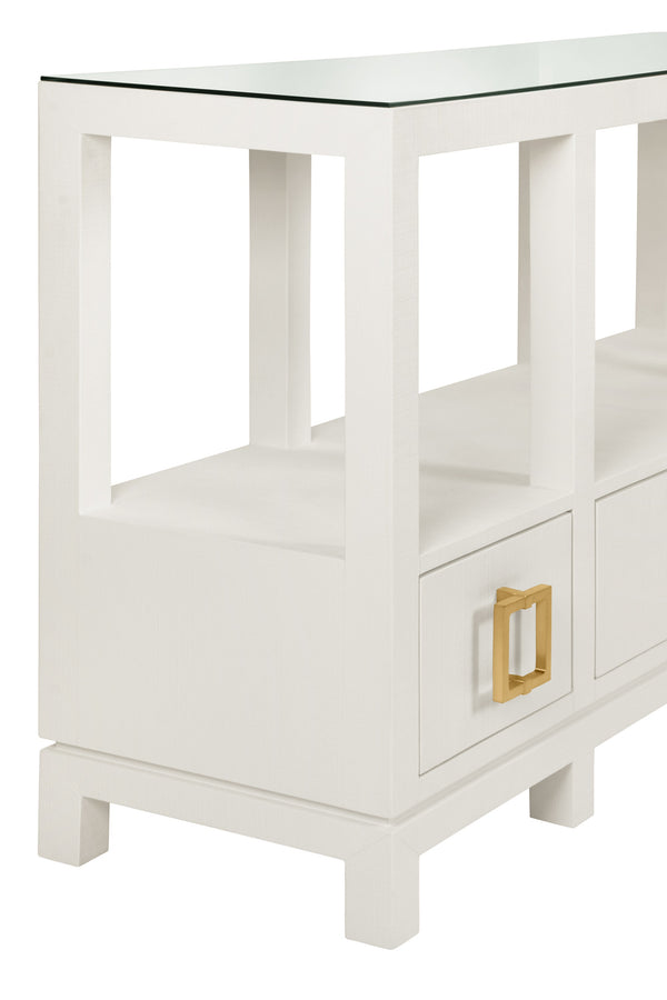 OPEN SHELF CONSOLE WITH THREE BOTTOM DRAWERS AND SQUARE SATIN BRASS HARDWARE IN WHITE TEXTURED LINEN