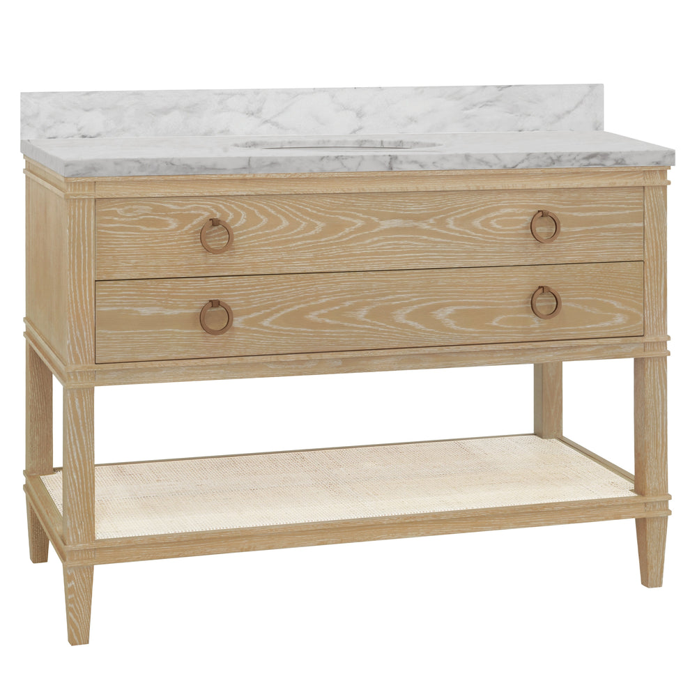 BATH VANITY IN CERUSED OAK WITH OPEN CANE SHELF, WHITE MARBLE TOP, PORCELAIN SINK, AND ANTIQUE BRASS RING HARDWARE, 48" WIDE