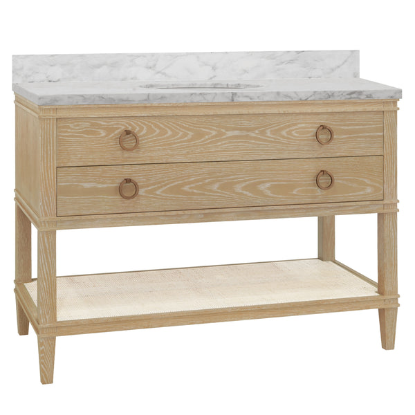 BATH VANITY IN CERUSED OAK WITH OPEN CANE SHELF, WHITE MARBLE TOP, PORCELAIN SINK, AND ANTIQUE BRASS RING HARDWARE, 48" WIDE
