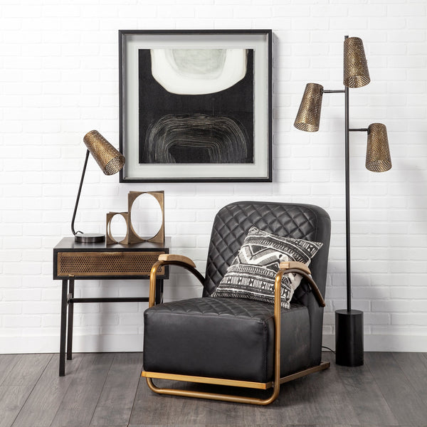 Horace I Black Leather Diamond Pattern w/Gold Iron Frame Accent Chair