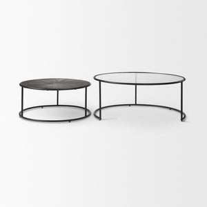 Arlo 40.0L x 40.0W x 17.0H Set of 2 Brown Wood and Glass W/Black Metal Coffee Tables