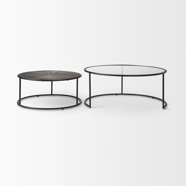 Arlo 40.0L x 40.0W x 17.0H Set of 2 Brown Wood and Glass W/Black Metal Coffee Tables