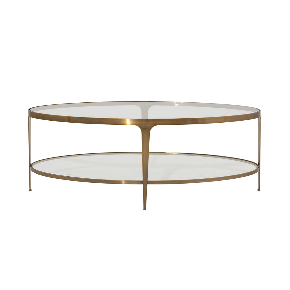 TWO TIER GLASS TOP OVAL COFFEE TABLE IN ANTIQUE BRASS