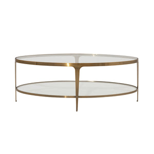 TWO TIER GLASS TOP OVAL COFFEE TABLE IN ANTIQUE BRASS