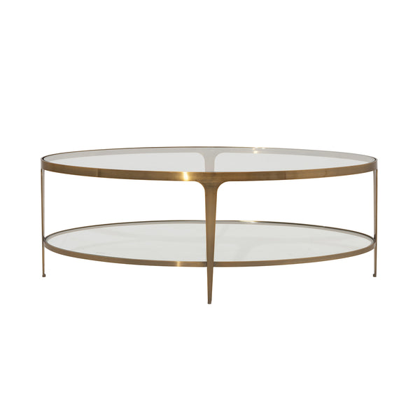 TWO TIER GLASS TOP OVAL COFFEE TABLE IN ANTIQUE BRASS