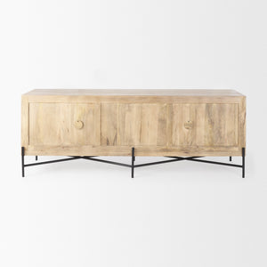 Cairo 78x19 Brown Solid Wood Black Metal Base 4 Door Cabinet Sideboard