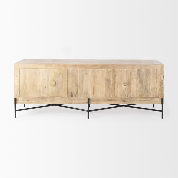 Cairo 78x19 Brown Solid Wood Black Metal Base 4 Door Cabinet Sideboard
