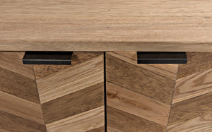Herringbone Walnut and Veneer Sideboard with Matte Black Industrial Steel Base in Dark and Washed Walnut Finish