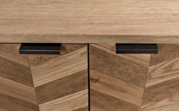 Herringbone Walnut and Veneer Sideboard with Matte Black Industrial Steel Base in Dark and Washed Walnut Finish