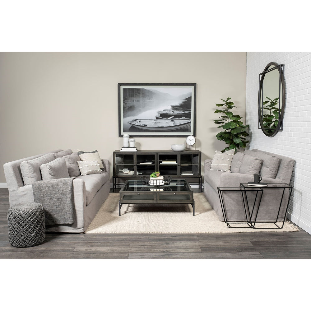 Arelius 70x18 Black-Brown Wood, Black Metal Base w/ 4 Glass Cabinet Doors Sideboard