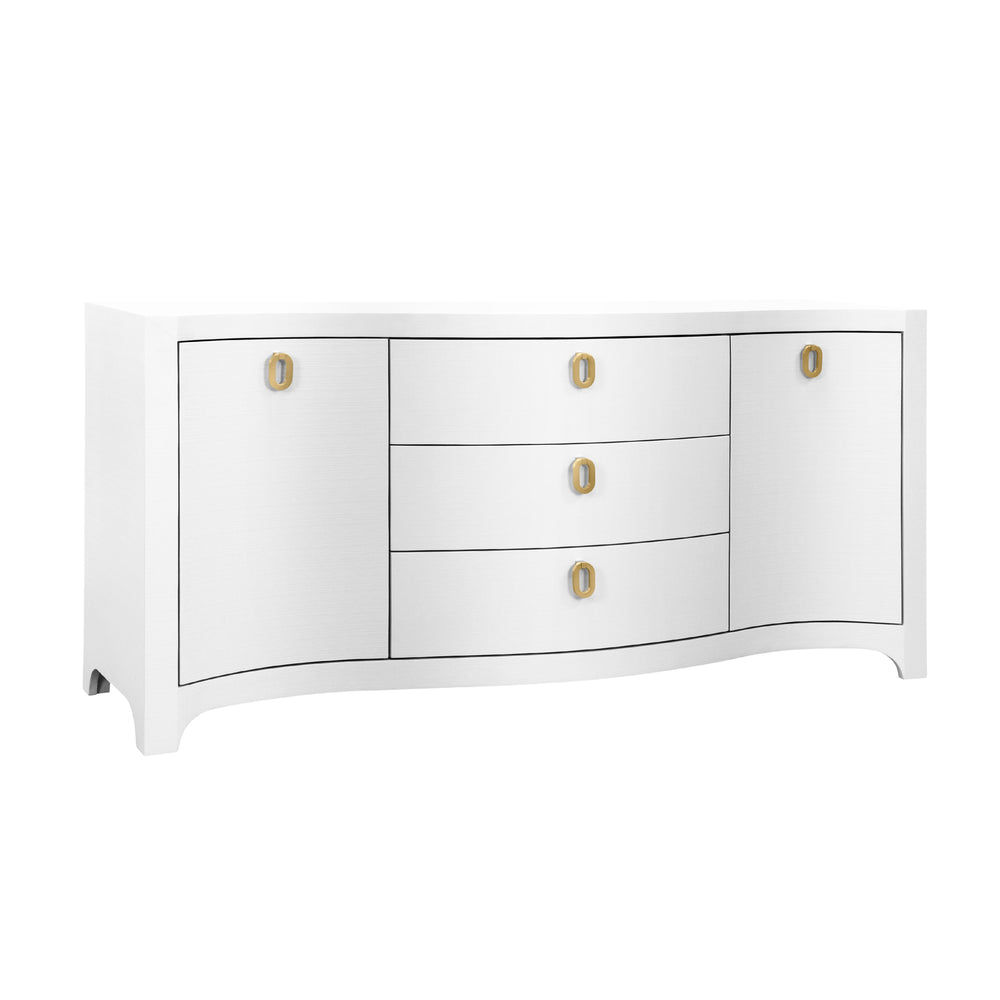 CURVED FRONT TWO DOOR THREE DRAWER BUFFET IN TEXTURED WHITE LINEN WITH SATIN BRASS RING HARDWARE