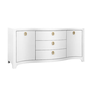 CURVED FRONT TWO DOOR THREE DRAWER BUFFET IN TEXTURED WHITE LINEN WITH SATIN BRASS RING HARDWARE