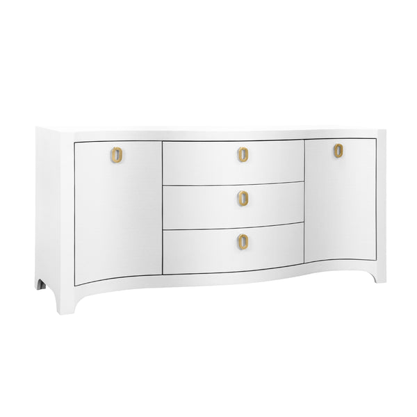 CURVED FRONT TWO DOOR THREE DRAWER BUFFET IN TEXTURED WHITE LINEN WITH SATIN BRASS RING HARDWARE