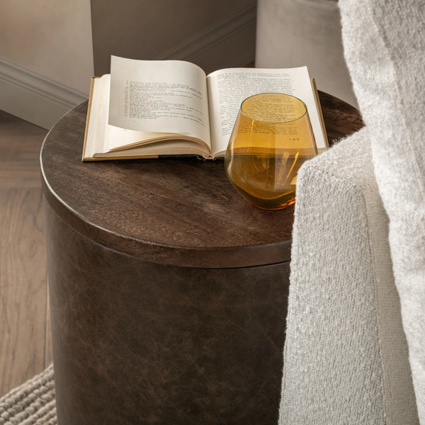 Andra Leather Round Accent Table in Cocoa Brown
