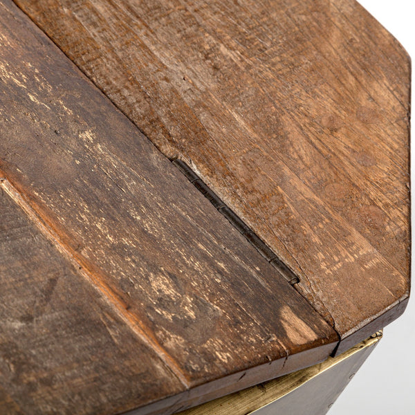 Esagono Octagonal Gold Metal-Clad Reclaimed Wood End/Side Table w/ Storage