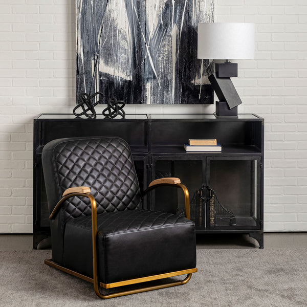 Horace I Black Leather Diamond Pattern w/Gold Iron Frame Accent Chair
