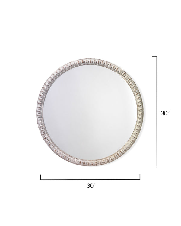 Audrey Beaded Wood Round Wall Mirror, White Washed