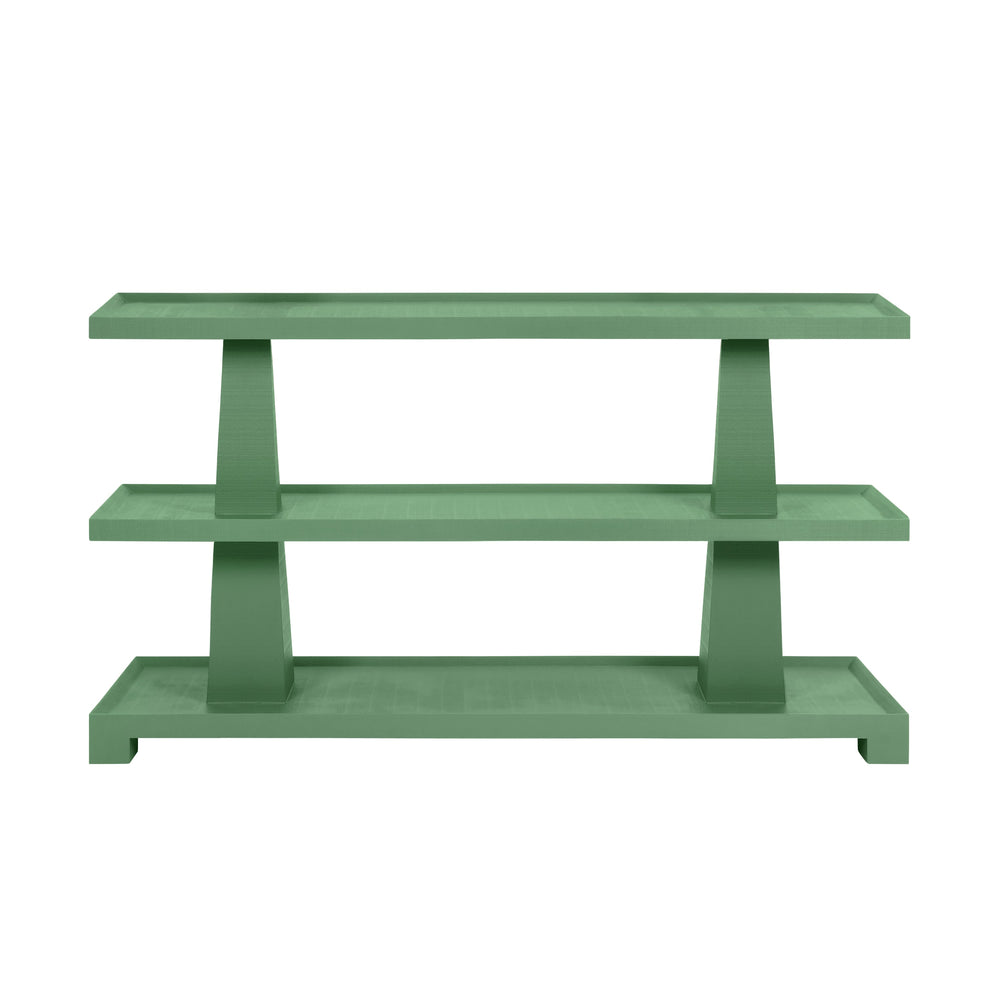 THREE TIER TWO COLUMN CONSOLE IN TEXTURED GREEN LINEN